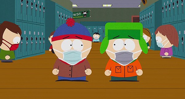 Cartman e Kyle usando máscaras em South Park.