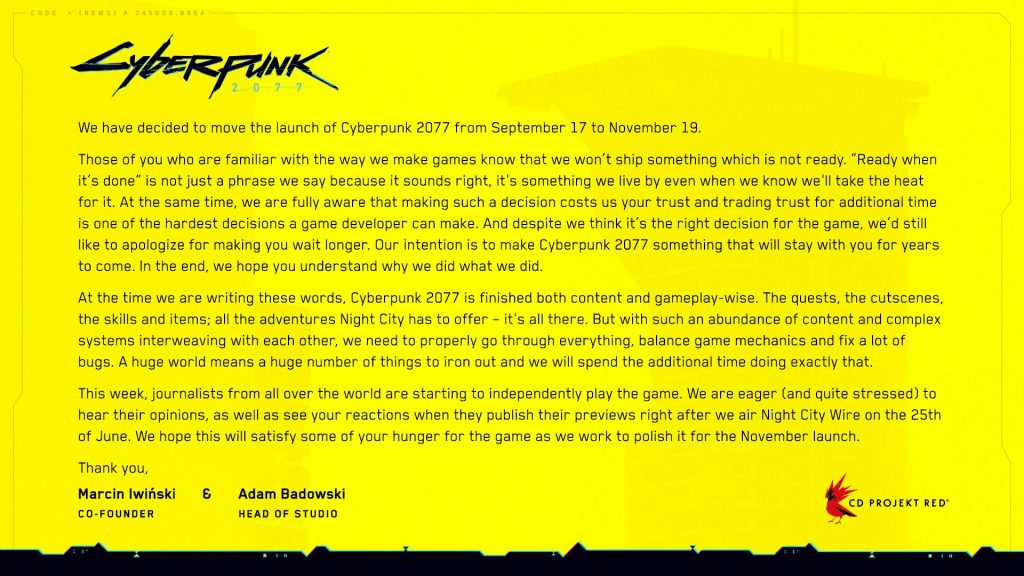 Primeira carta de adiamento de Cyberpunk 2077