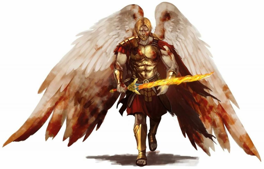 Um anjo com as asas sujas de sangue e uma espada de chamas em mãos.