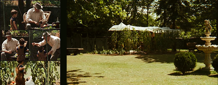 Idoso brincando com o neto, em um jardim com um pomar, posteriormente ele está caído no pomar.