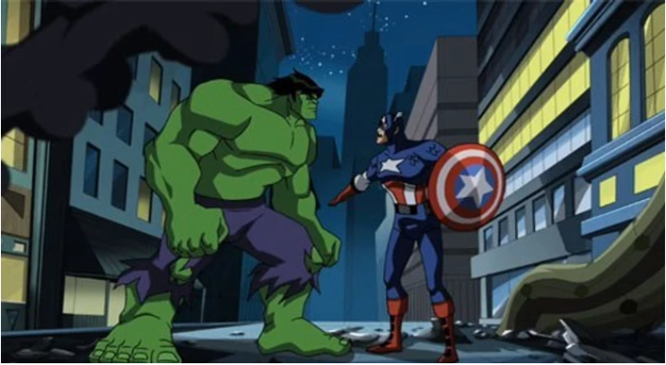 Capitão América em seu discurso com Hulk na animação Vingadores: os Super-Heróis Mais Poderosos da Terra