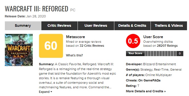 nota Warcraft III pelo site Metacritic