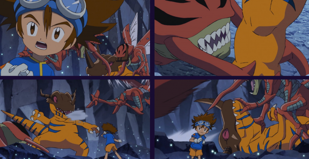 A imagem mostra o Kuwagamon usando suas garras enquanto enfrenta o Greymon.