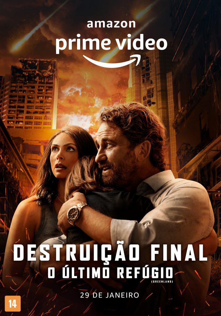 A foto mostra o ator Gerard Butler no cartaz do filme Destruição Final: O ùltimo refúgio da Amazon Prime Video.