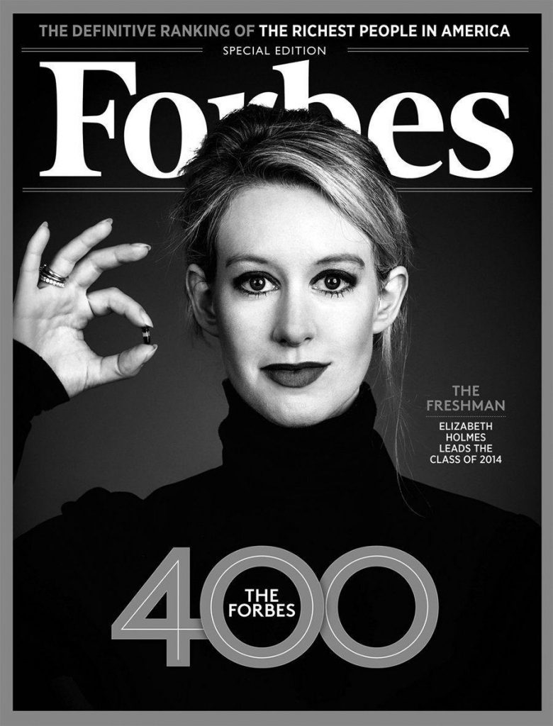 Elizabeth Holmes na capa da Forbes em preto e branco