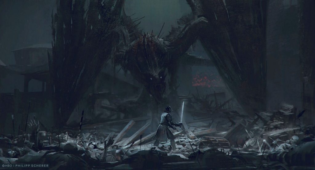 Arte de Philipp Scherer retrata Drogon e Jon Snow no último episódio da série Game of Thrones.