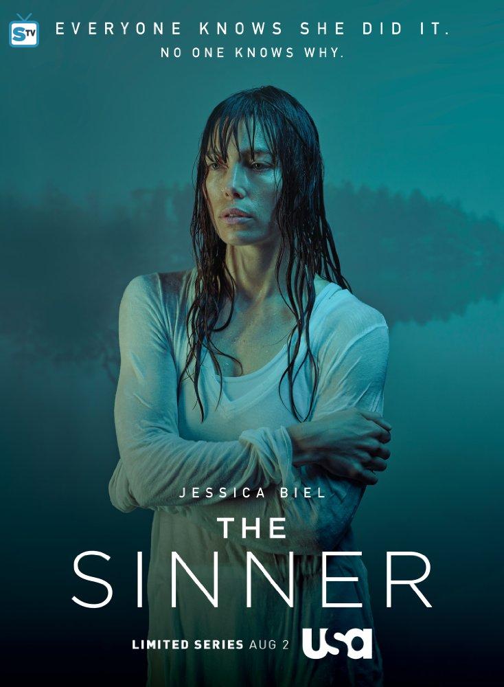 A foto mostra a atriz Jessica Biel em um poster promocional da série The Sinner