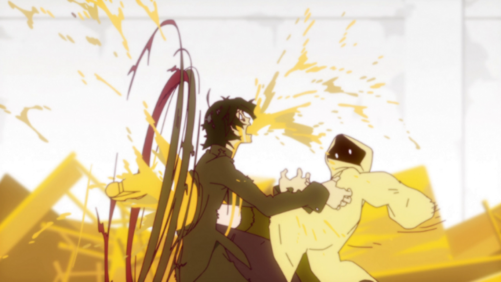 Homem vomitando sangue amarelo em Monogatari.