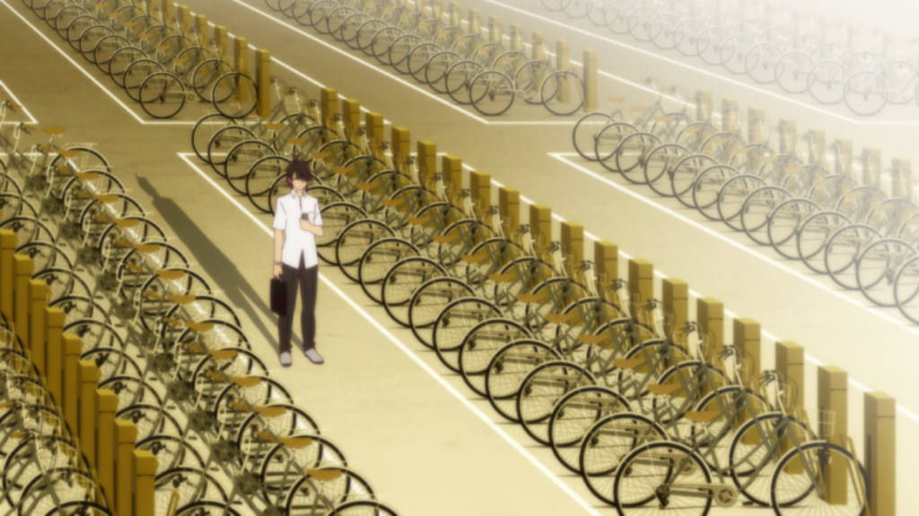Homem em meio a rodas de bicicleta em Monogatari