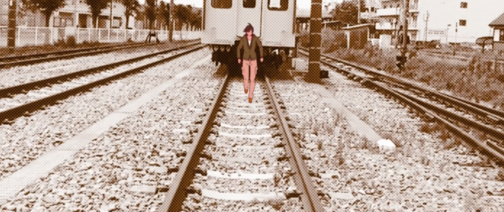 Homem andando nos trilhos de um trem em Monogatari
