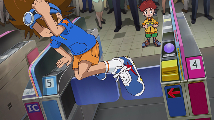 Taichi pulando a catraca em Digimon: Adventure