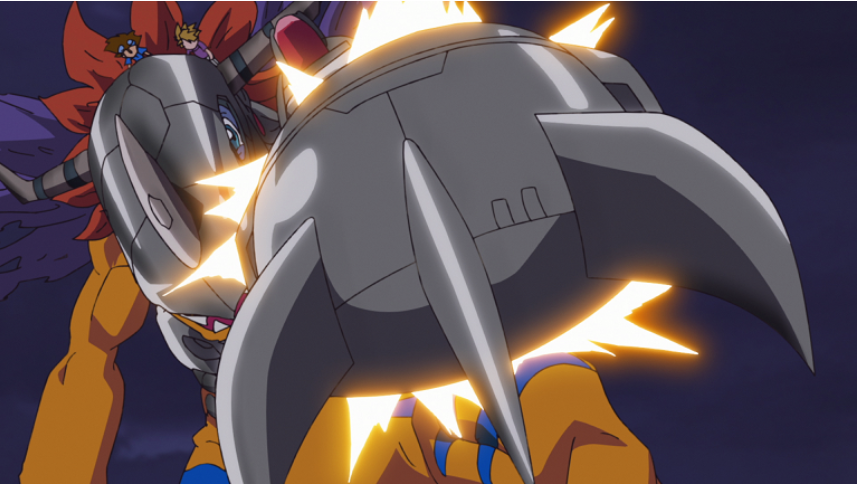 Metalgreymon carregando Tai e Yamato enquanto usa o Trident arm