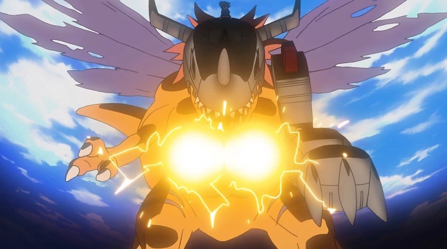 Cena de Digimon Adventure: A Super Digivolução de Metal. Greymon usando Trident Arm + Giga Storm.