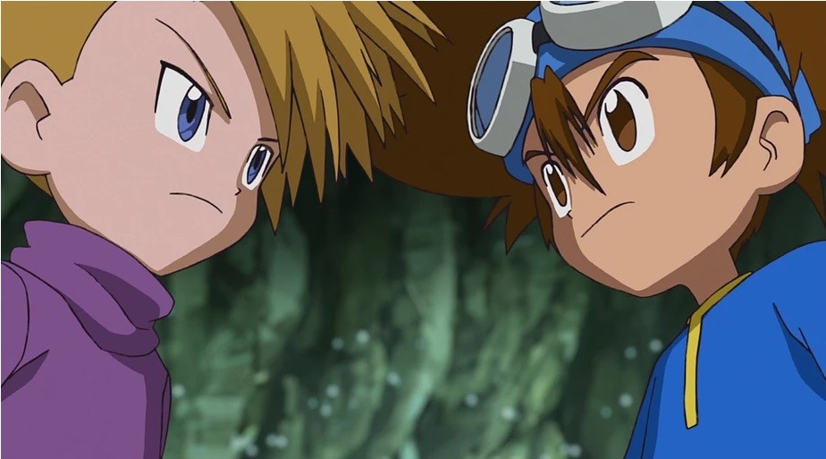 Cena de Digimon Adventure: A Super Digivolução de Metal com Taichi e Yamato se encarando.