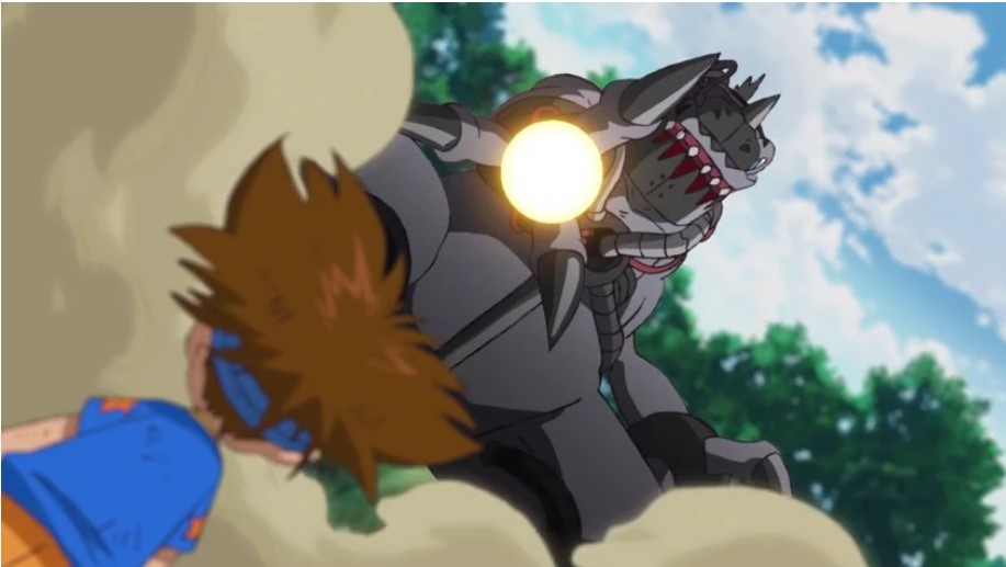 Cena de Digimon Adventure: A Super Digivolução de Metal com MetalTyranomon apontando a Giga Destroyer para Taichi.