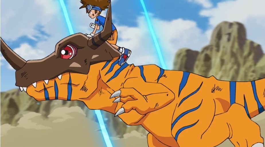 Cena de Digimon Adventure: A Super Digivolução de Metal com Taichi montado em Greymon.