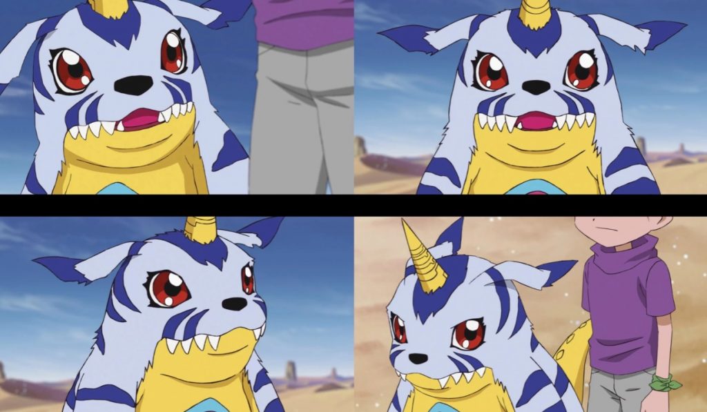 Cena de Digimon Adventure: O Lobo Ereto no Deserto, com Gabumon confuso