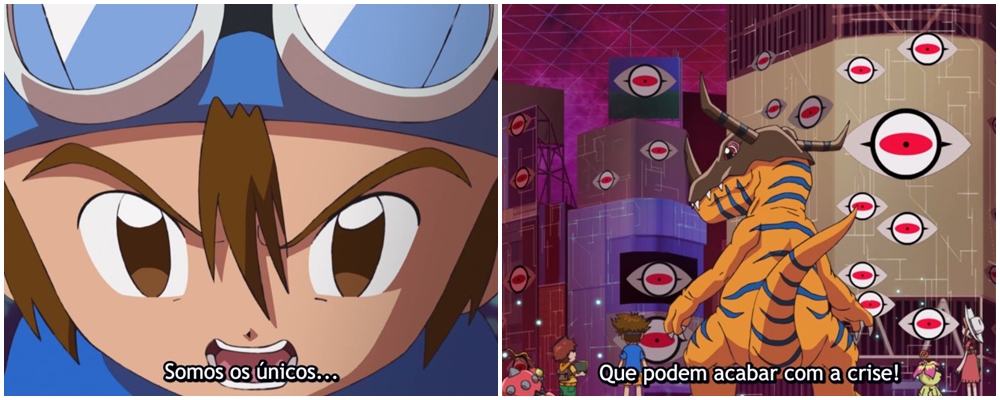 Cena de Digimon Adventure com Taichi motivando o grupo, dizendo que são os únicos capazes de acabar com a crise