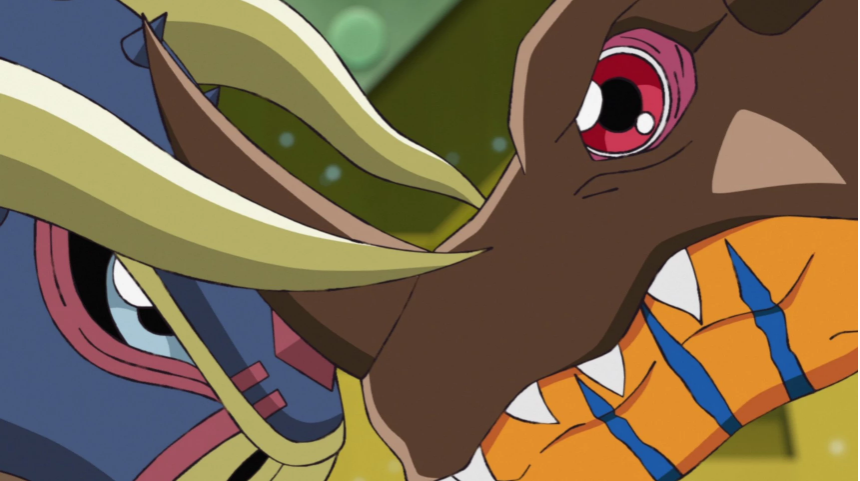 Greymon lutando contra Bullmon em Digimon Adventure: Ruja, JYUOKEN