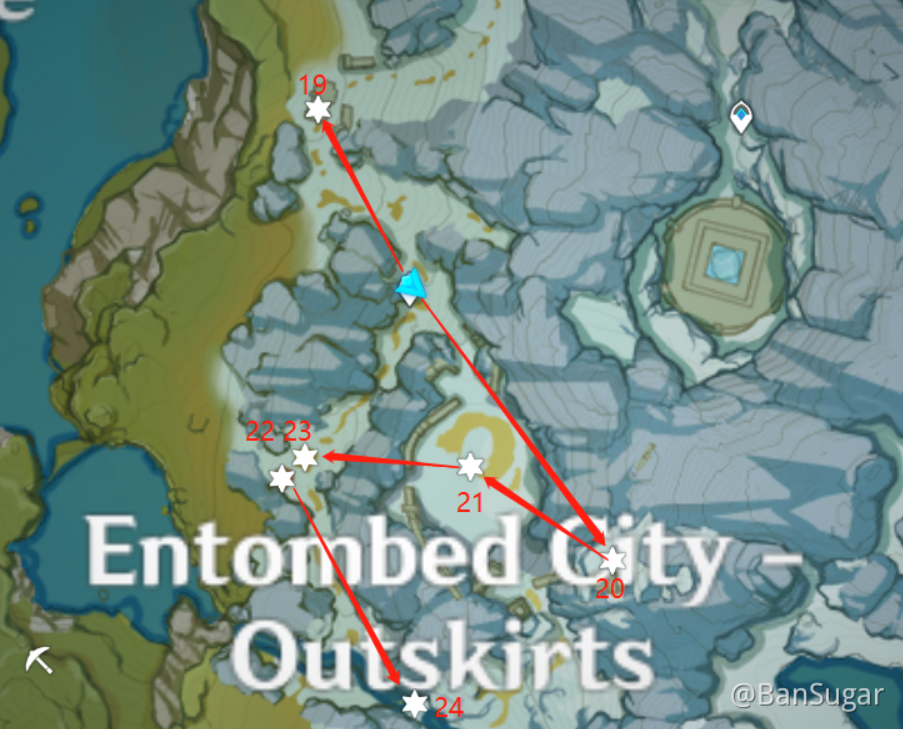 Mapa com a localização das Calcedônias Carmesim no jogo Genshin Impact