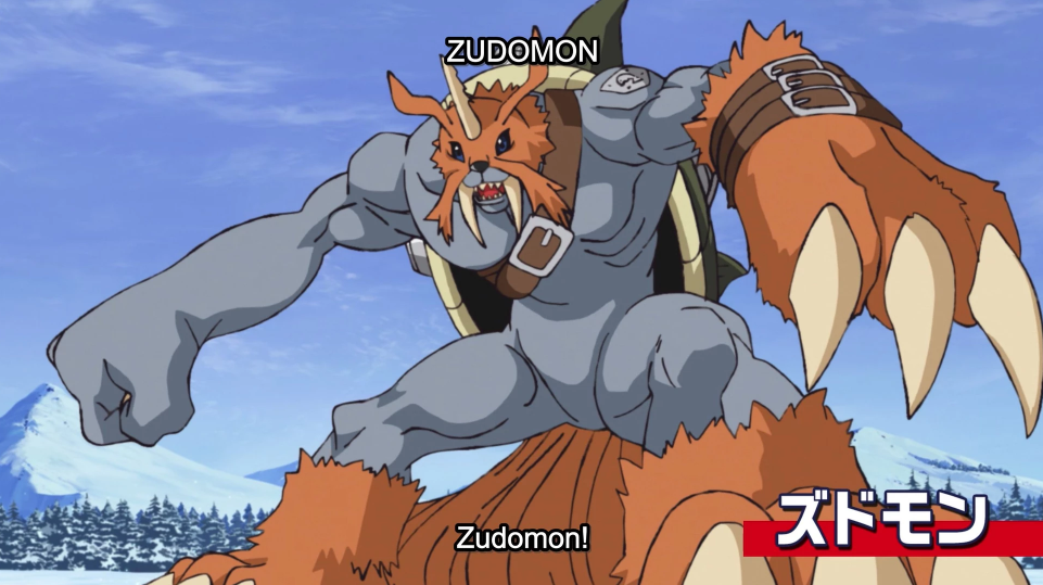 A imagem mostra a evolução ultimate de Ikkakumon, que evolui para Zudomon em O Martelo de Ferro do Trovão de Zudomon