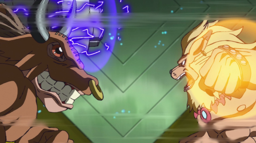 Leomon lutando contra Minotaurmon em Digimon Adventure: Ruja, JYUOKEN