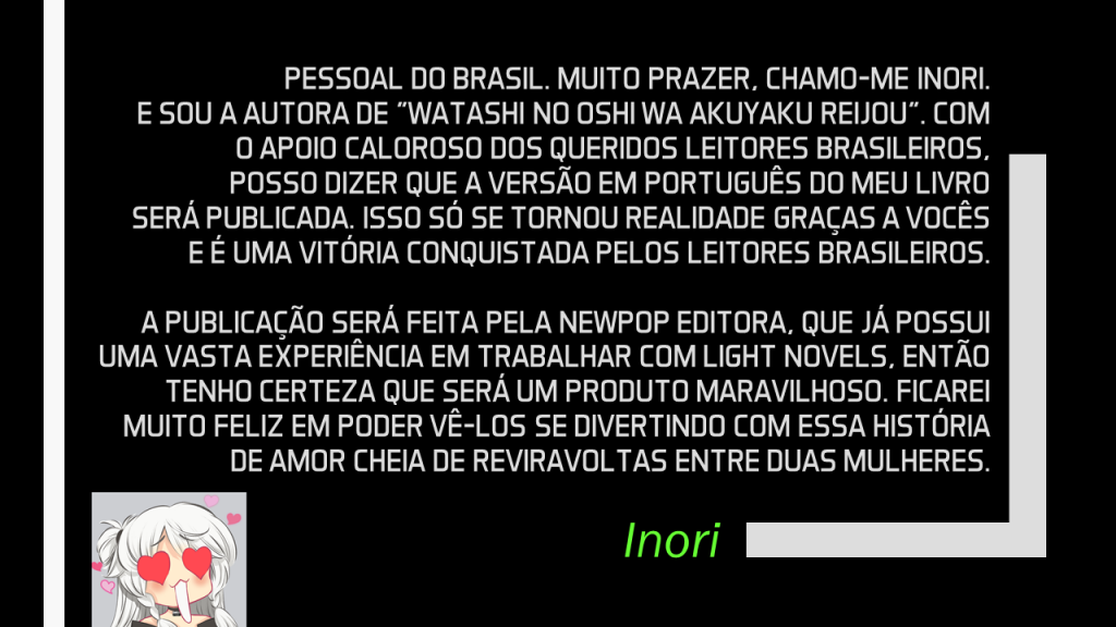 Mensagem de agradecimento que Inori Hanagata postou para seus fãs na NewPop Week!