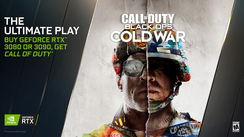 Capa da promoção de Call of Duty: Black Ops Cold War com RTX Série 30. O jogo também tem NVIDEA Reflex 