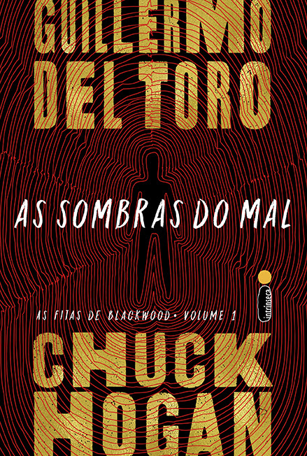 Capa do livro as sombras do mal mostrando um desenho de um homem em preto e listras vermelhas ao redor