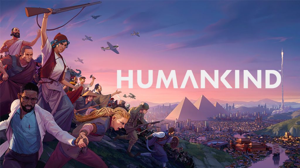 Pôster do jogo Humankind mostrando diferentes civilizações misturadas em uma guerra