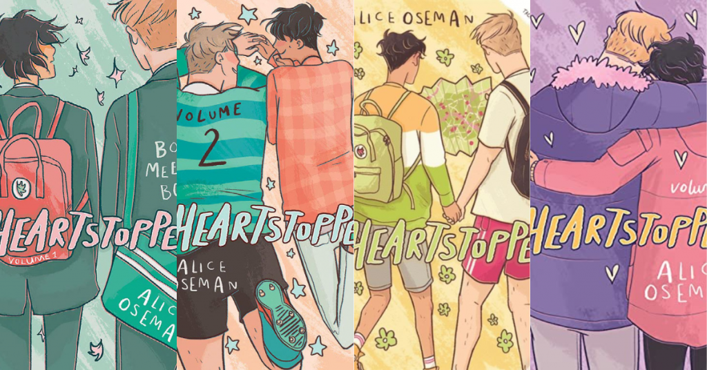 Capas dos quatro volumes da graphic novel "Heartstopper" por Alice Oseman