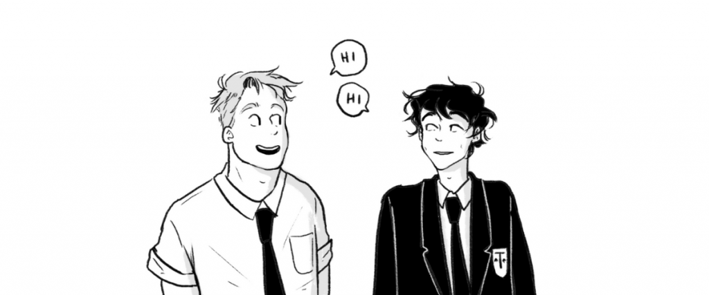 Personagens Nick e Charlie da graphic novel "Heartstopper" por Alice Oseman