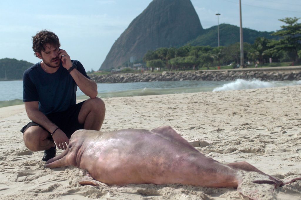 Personagem Eric na praia, ligando para alguém, com um boto cor de rosa a sua frente 