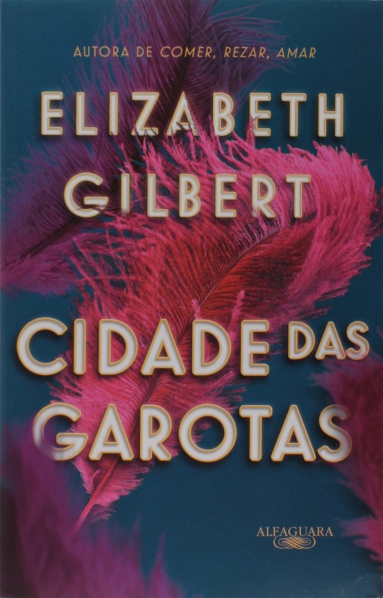 Capa do livro Cidade das Garotas, um fundo azul com penas coloridas de rosa que lembra adereços usados no teatro. Otageek.