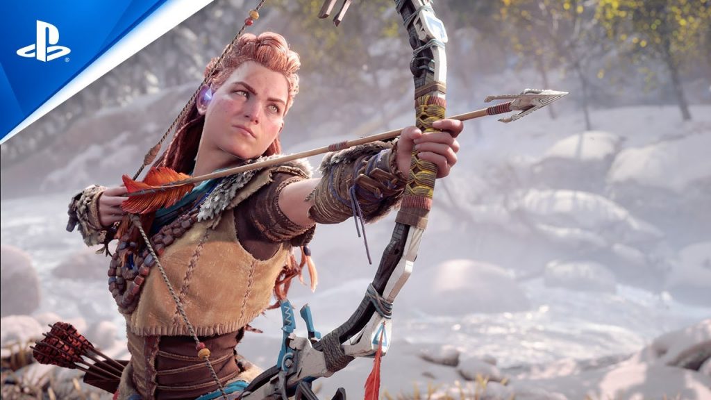 Protagonista de Horizon Forbiden West no meio da neve se preparando para caçar  - otageek