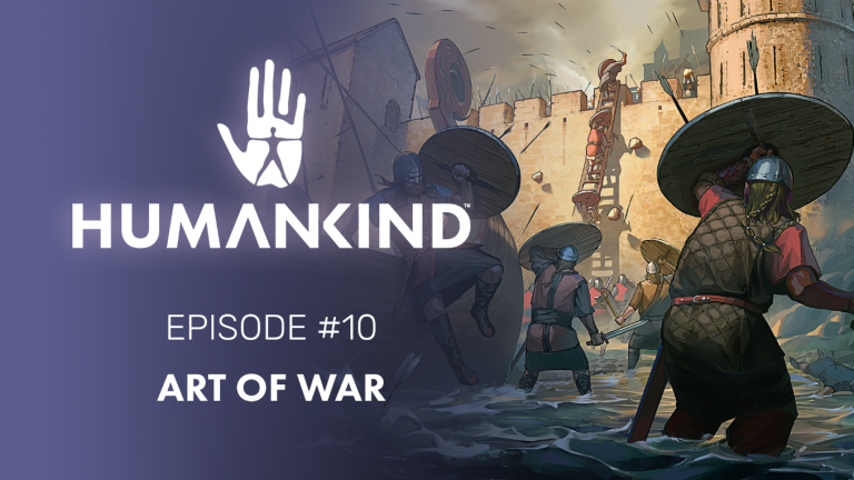 Poster do jogo Humankind - Cavaleiros tentam invadir fortaleza, enquanto se protegem de flechas com escudos. Otageek