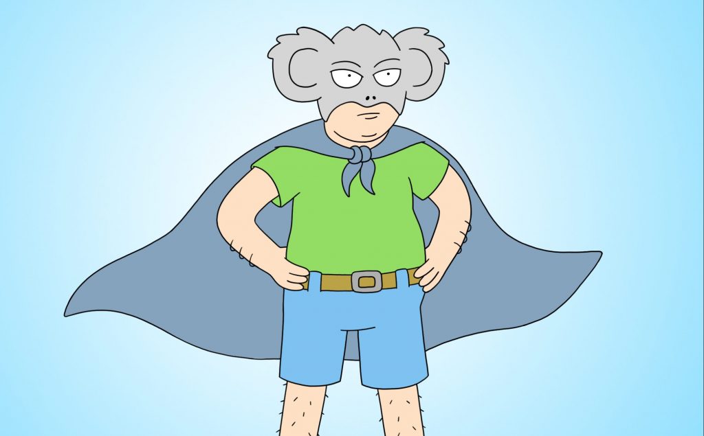 Koala Man em seu traje, com um desenho muito parecido com o de Rick e Morty