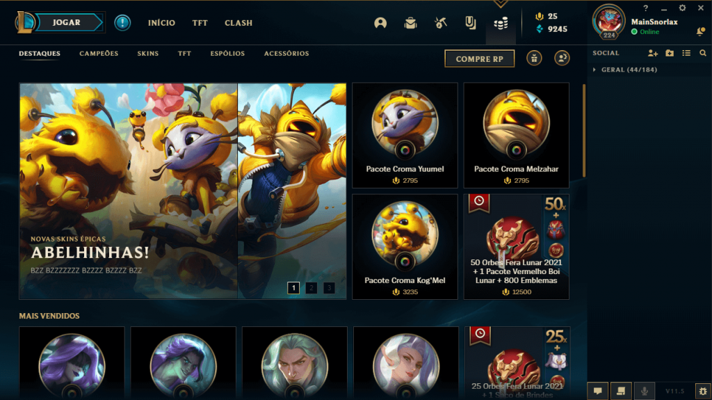 A imagem mostra a loja de skins e personagens do League of Legends - Otageek