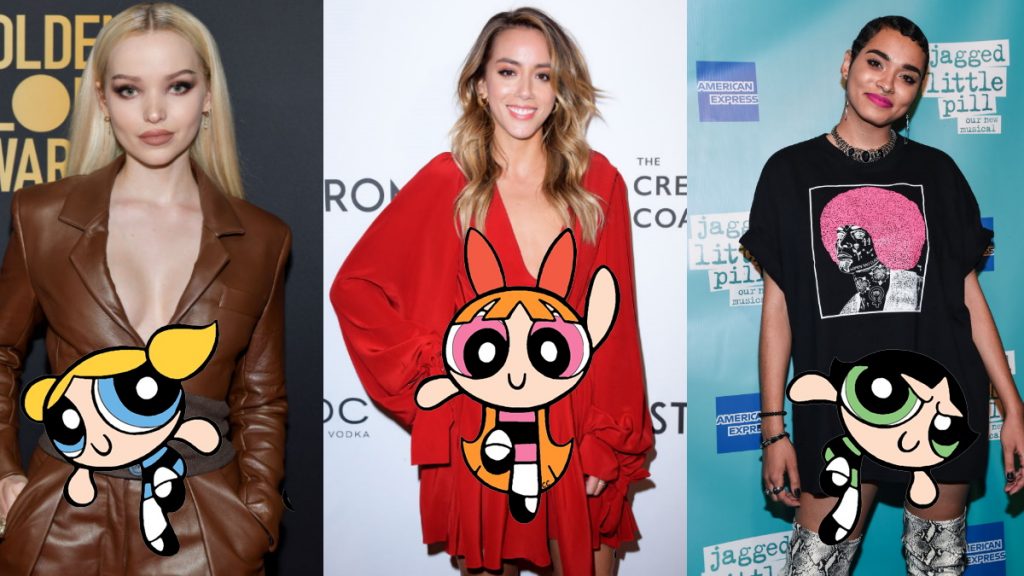 Da esquerda pra direita Dove Cameron, Chloe Bennet e Yana Perrault com as Meninas Superpoderosas embaixo.