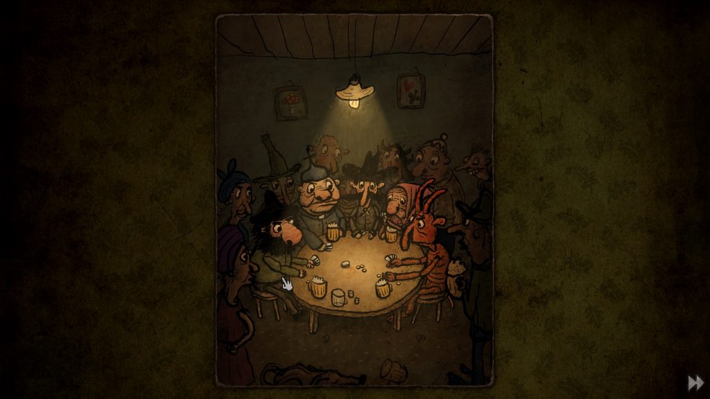 Personagens jogando cartas na taberna