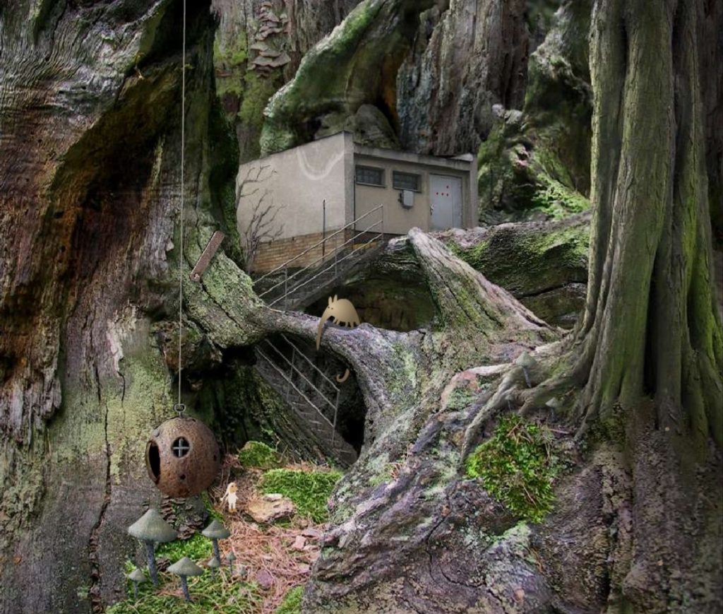 ambiente com árvores e um casebre em Samorost, jogo da Amanita