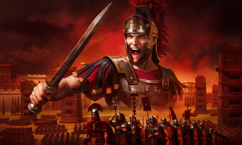 Imagem promocional de Total War: Rome Remastered mostrando vários guerreiros romanos.