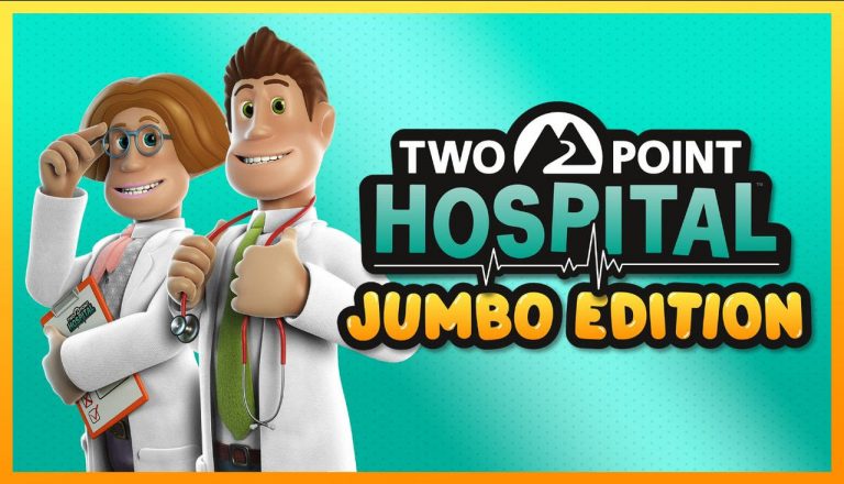 Imagem animada de dois médicos junto a logo de Two Point Hospital - JUMBO edition