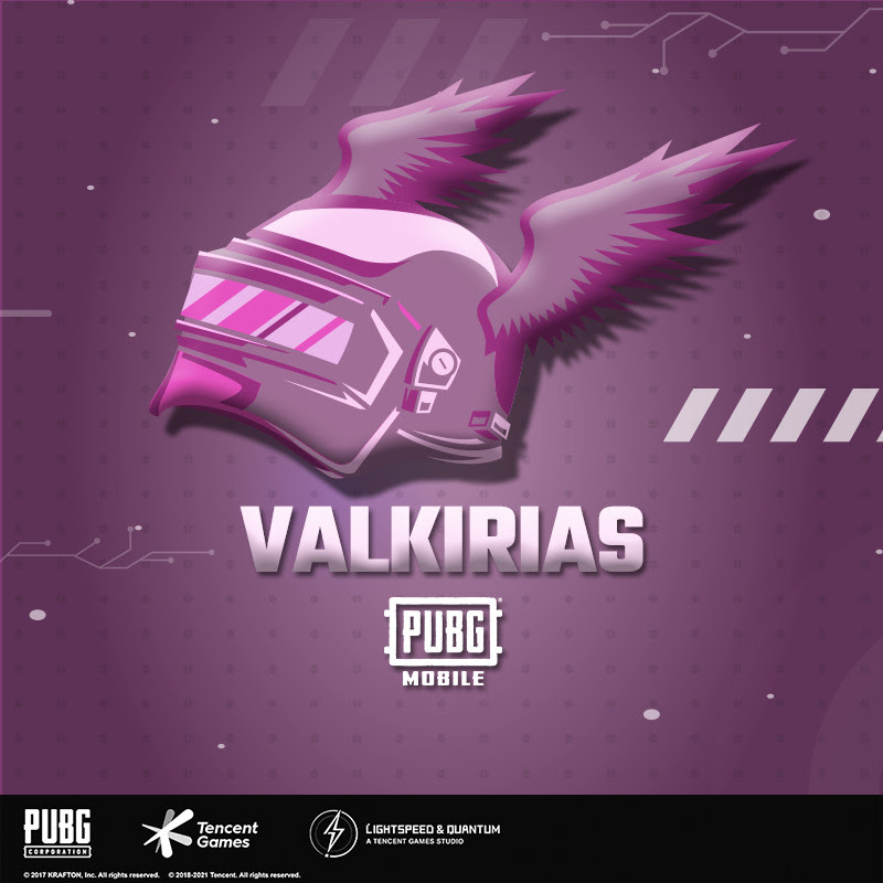 Fundo roxo com um capacete com asas símbolo do grupo Valkirias PUBG Mobile. Otageek