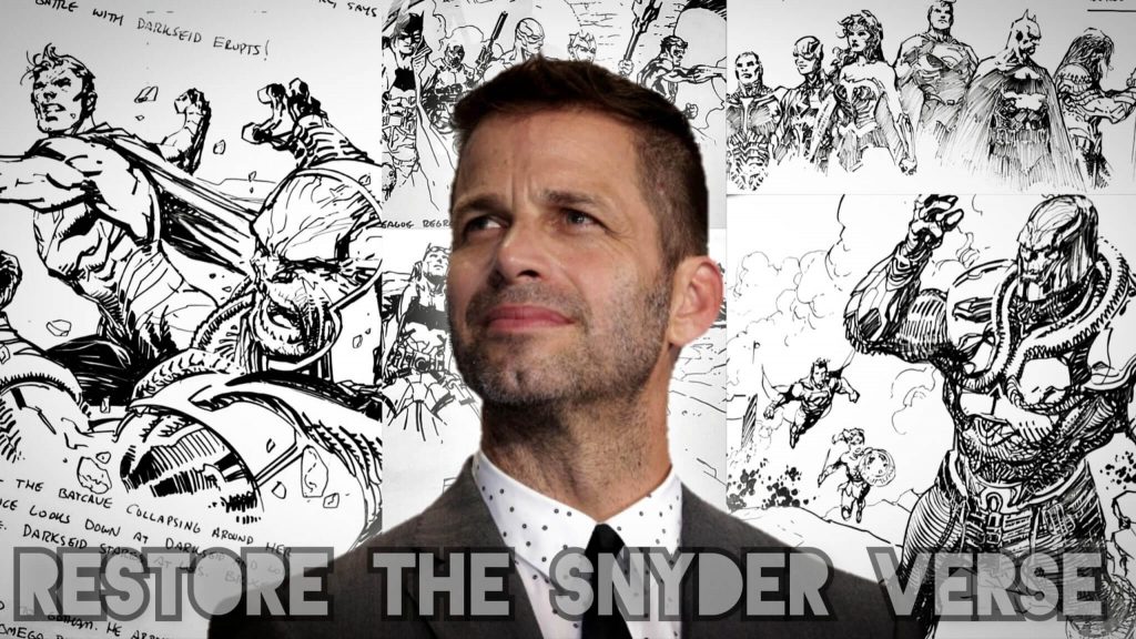 Frase #RestoreTheSnyderverse com Zack Snyder a frente de vários personagens da DC.