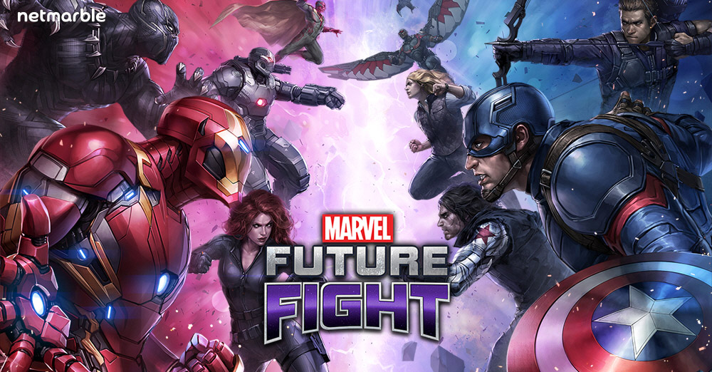 Personagens do jogo Marvel Future Fight, os heróis da Marvel, com Homem de Ferro e Capitão América em destaque