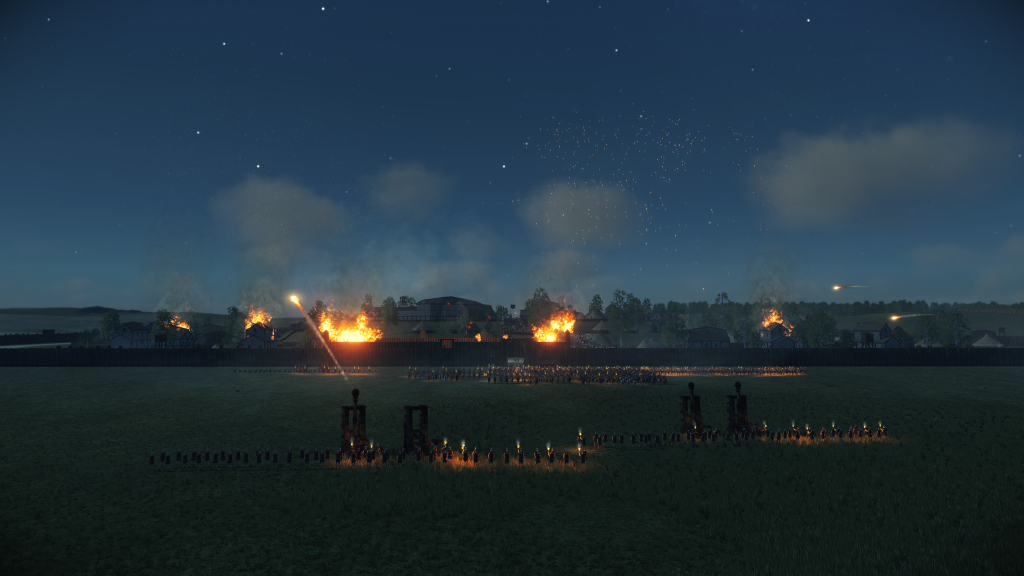 Gráfico e gameplay melhorada do jogo no início de uma batalha, com soldados em um campo gramado.
