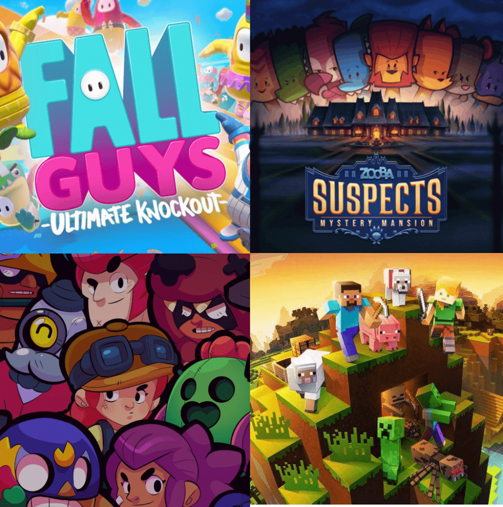 Capas dos jogos Fall Guys, Suspects: Mansão Mistério, Brawl Stars e Minecraft, todos presentes nesse Big Festival