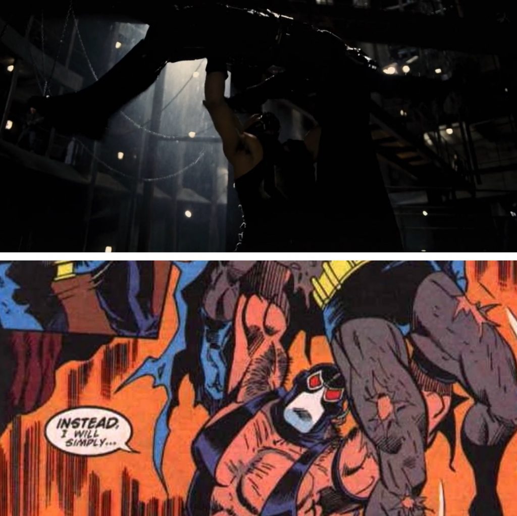 Bane desloca a vértebra de Batman em O Cavaleiro das Trevas Ressurge (acima) e na HQ A Queda do Morcego (abaixo)