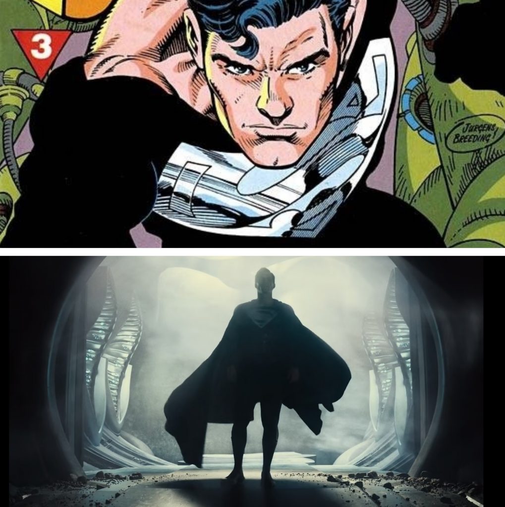 Capa da revista O Retorno do Super-Homem #3, de 1993, onde o personagem veste o uniforme preto e cena do filme que apresenta o uniforme. 